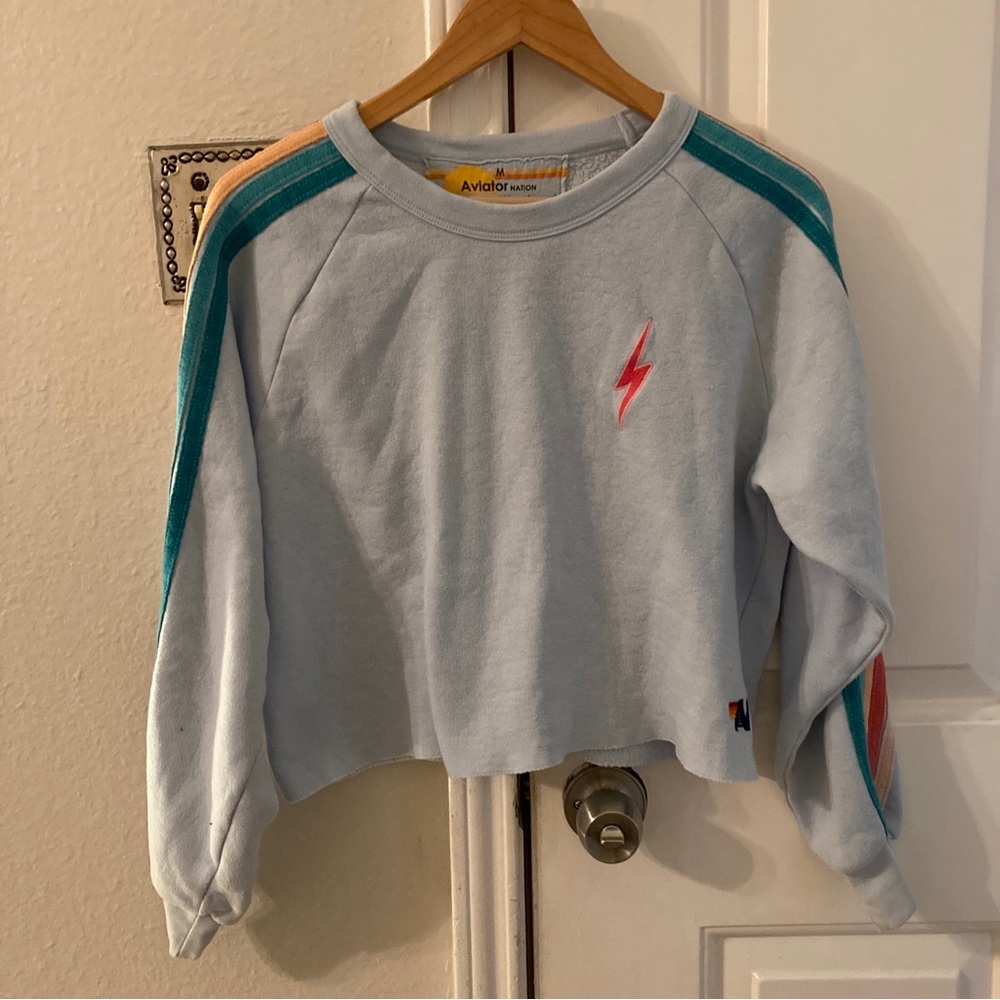 Aviator Nation Sky Blue Sweatshirt with Teal and Pink Details